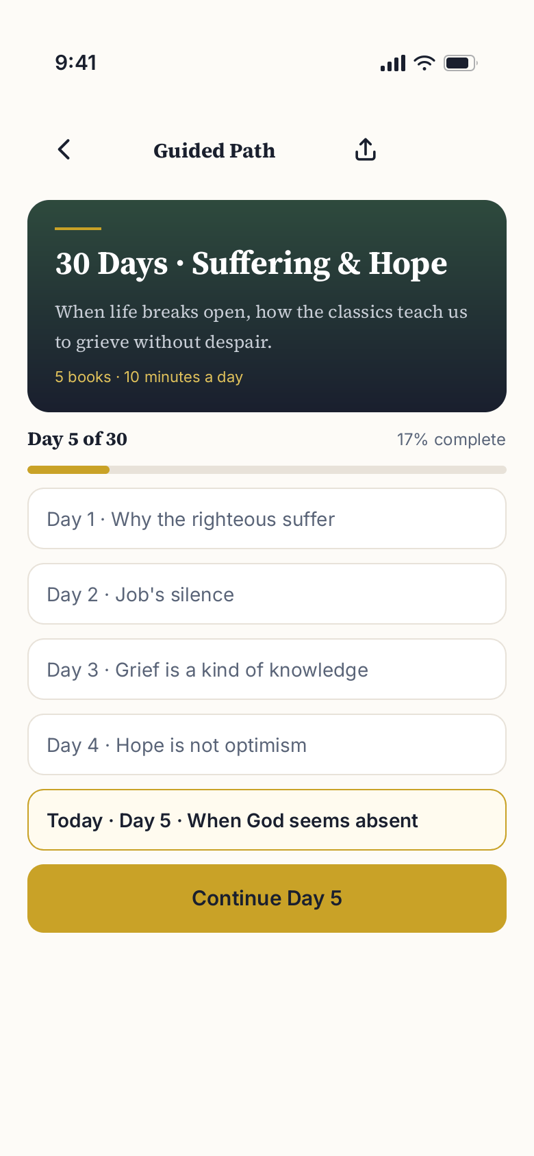 A guided path in the app, showing thirty days around one question