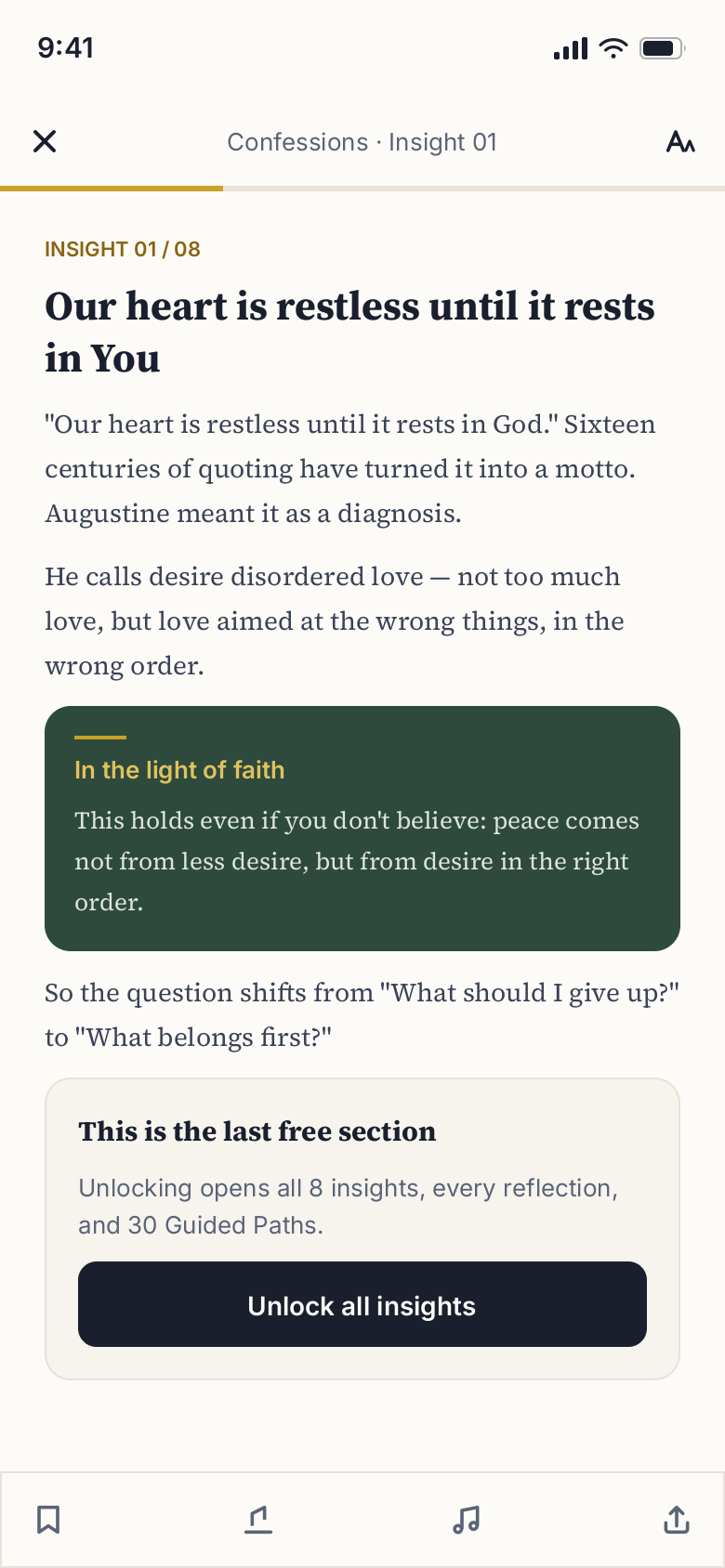 A reading screen showing a highlighted insight from a book guide